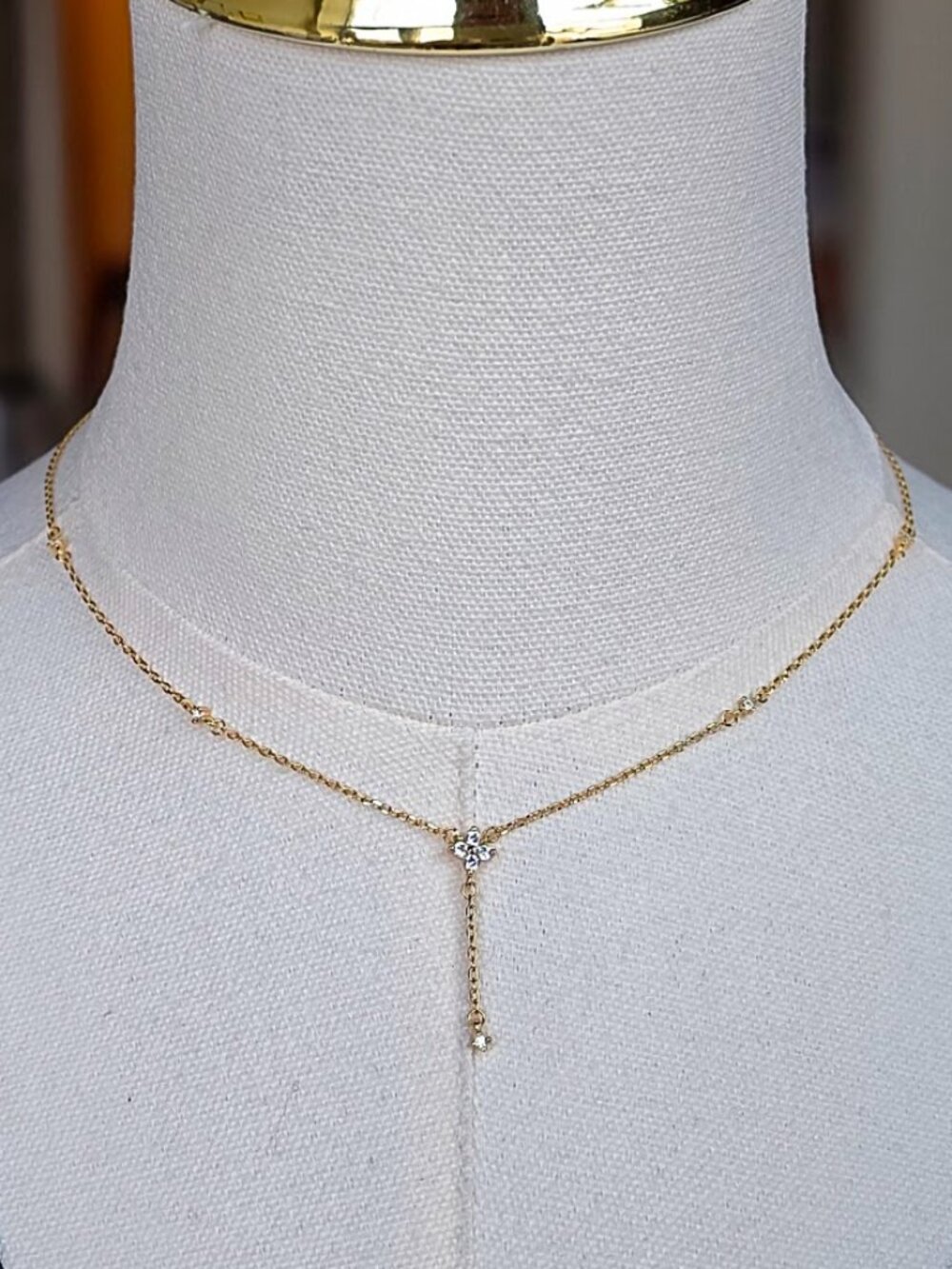 Gold Over Sterling Silver Dainty Floral Cluster CZ Lariat Y Necklace Chain